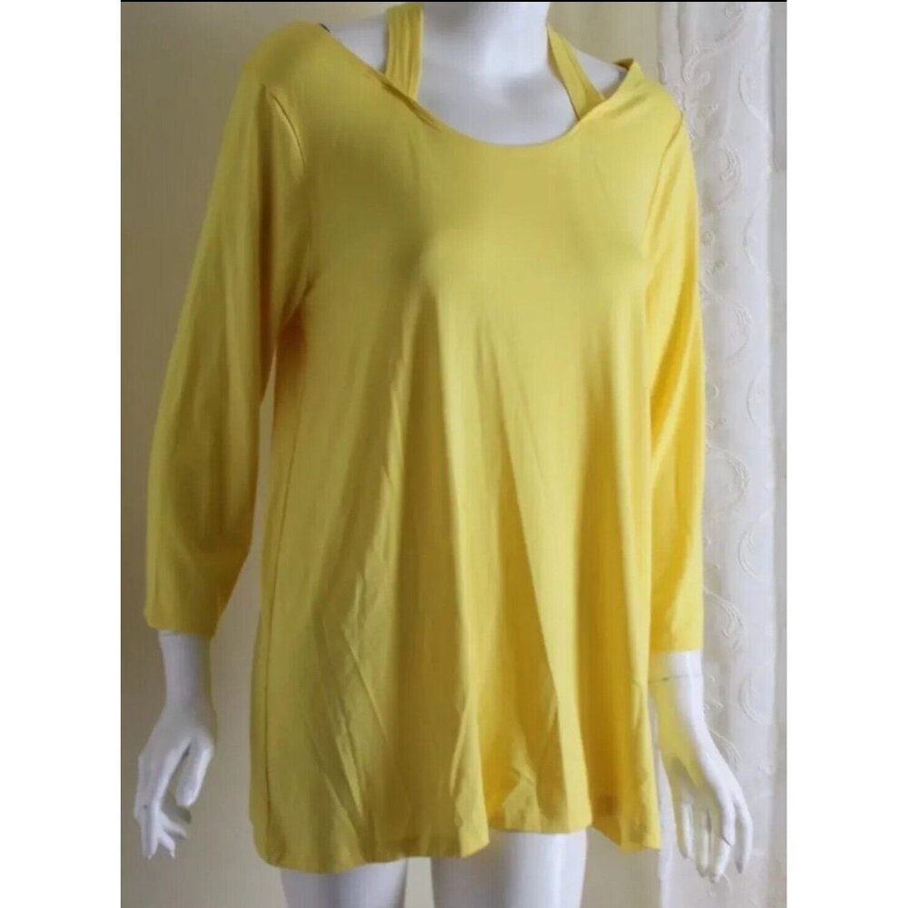 NWT Chico's Zenergy Tunic Sz 3 Yellow Cold Shoulder Artsy Jersey Knit Shirt Top